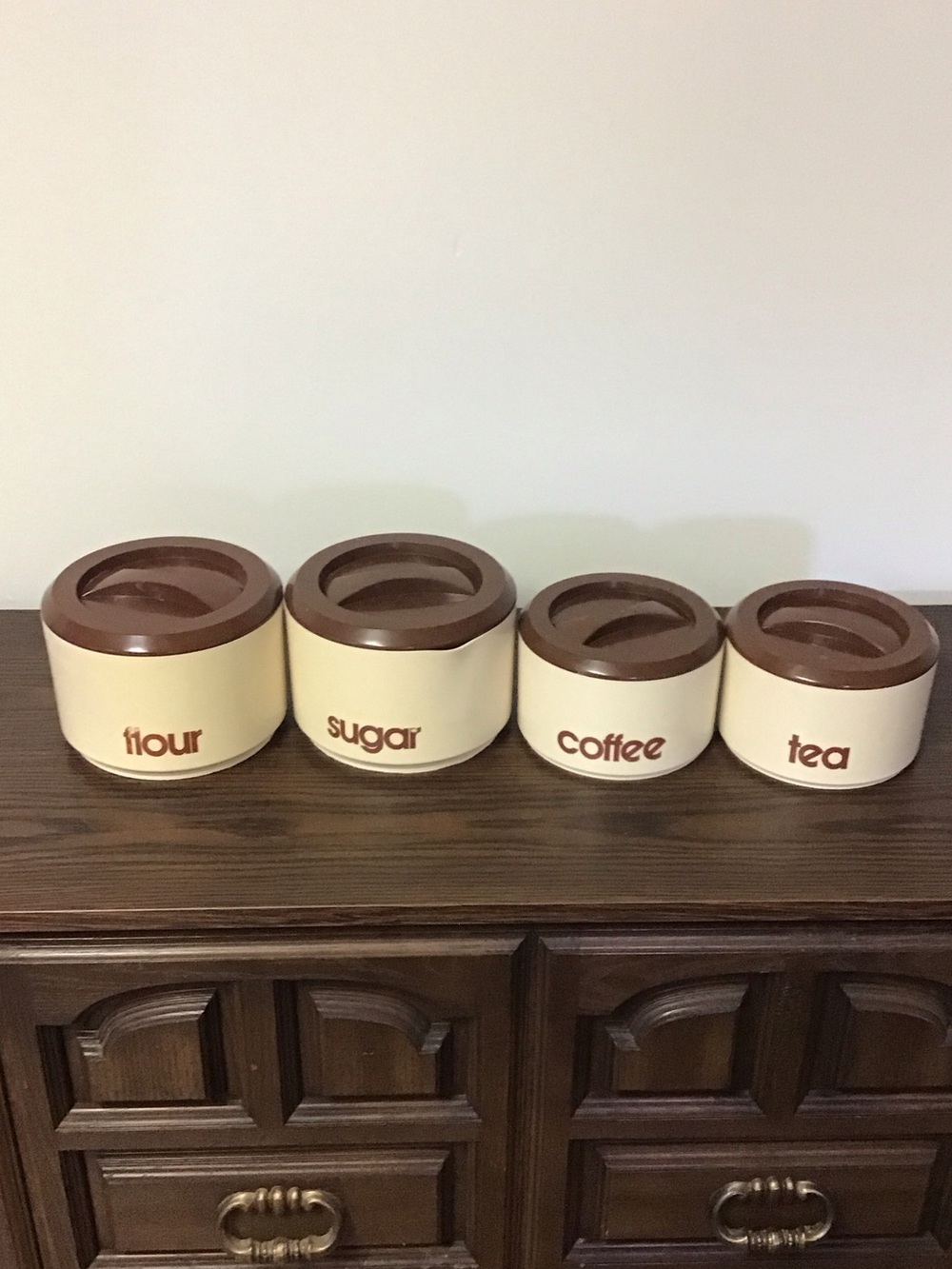 Cream and Brown Retro Kitchen Canister Set - Flour, Sugar, Coffee, Tea